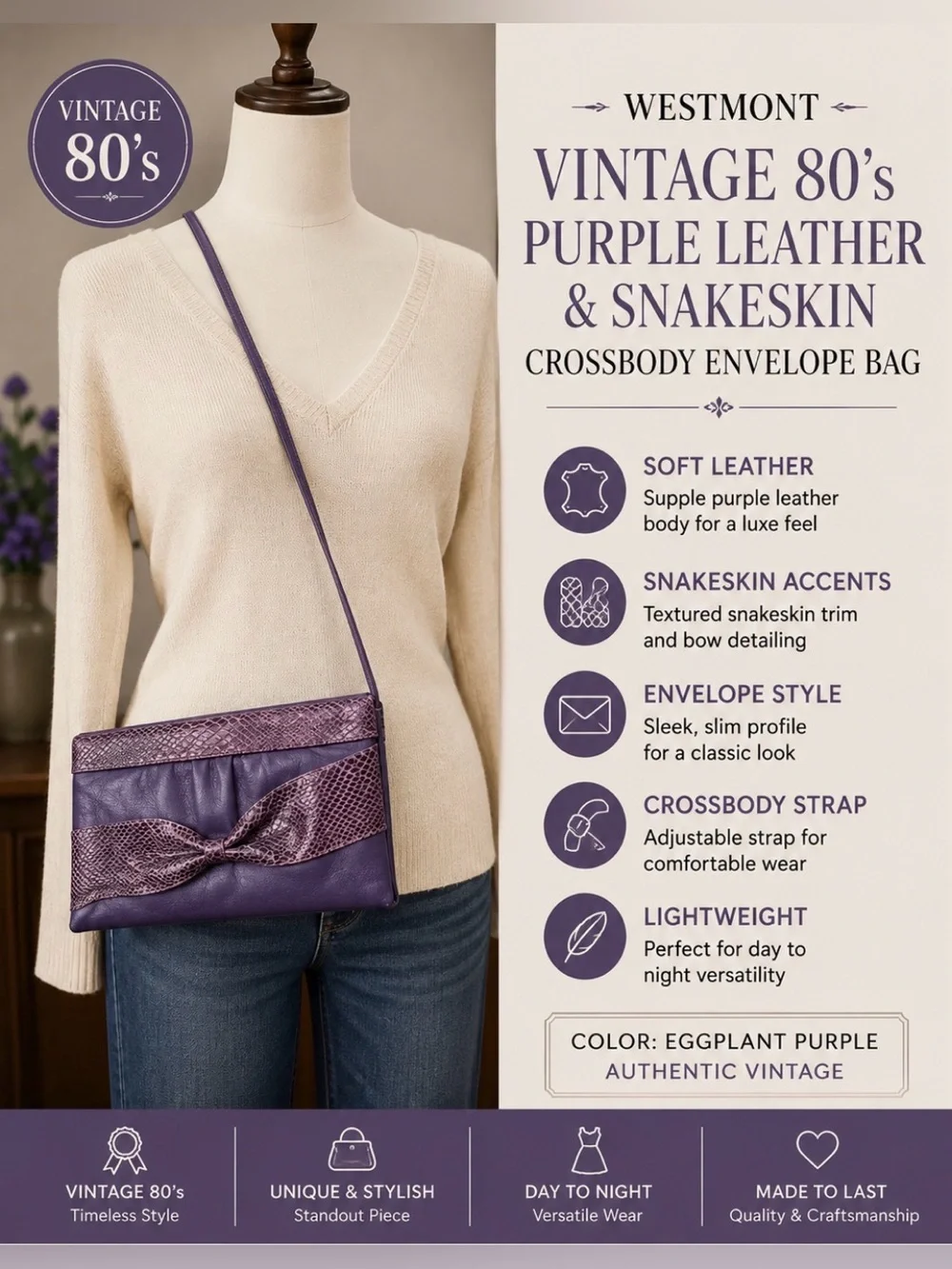 Westmont- vintage 80’s- Purple Leather and Snakeskin crossbody envelope bag